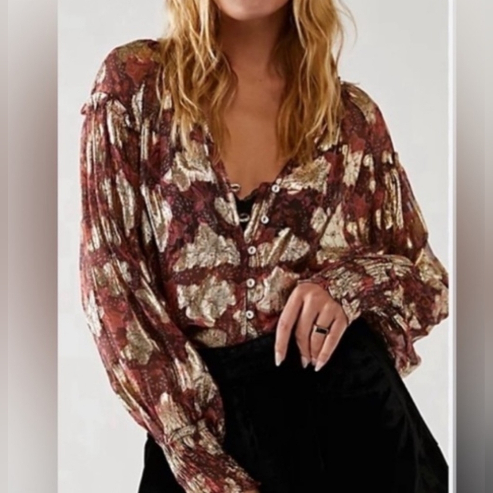 💎 Free People Women's Top SCORPIO Blouse Elegant Metallic #0310